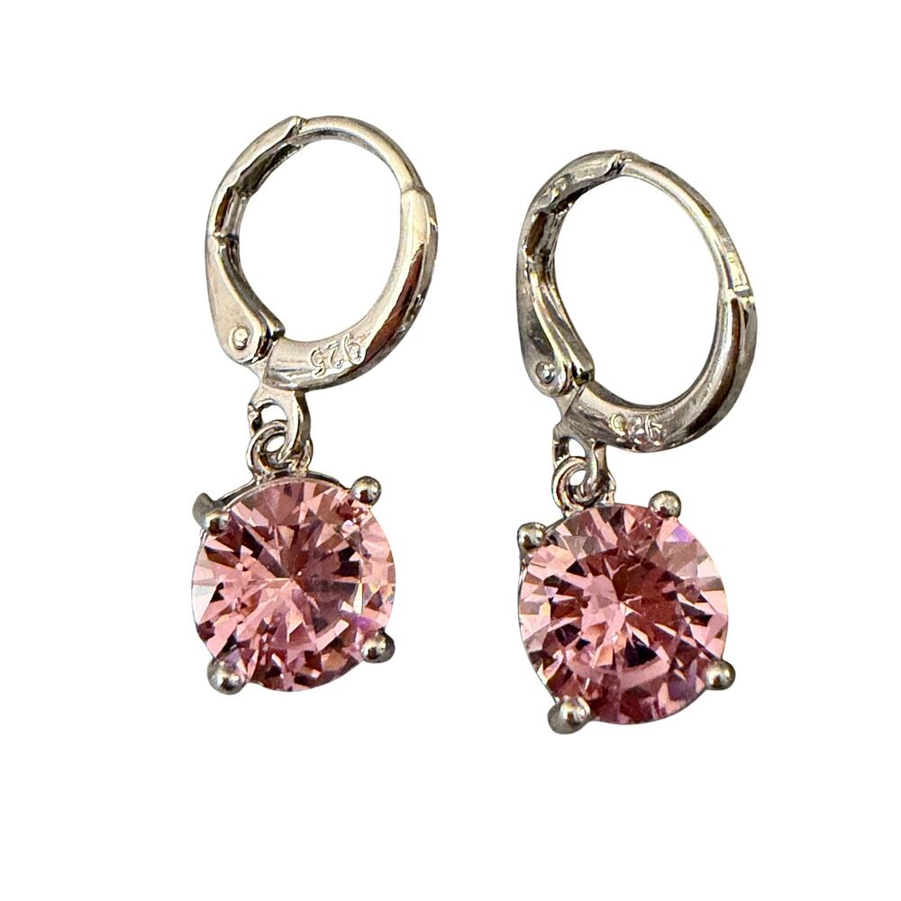 Pink Solitaire CZ Drop Earrings w/ 925 Stamp color Silver Lever-Backs - Picture 4 of 6